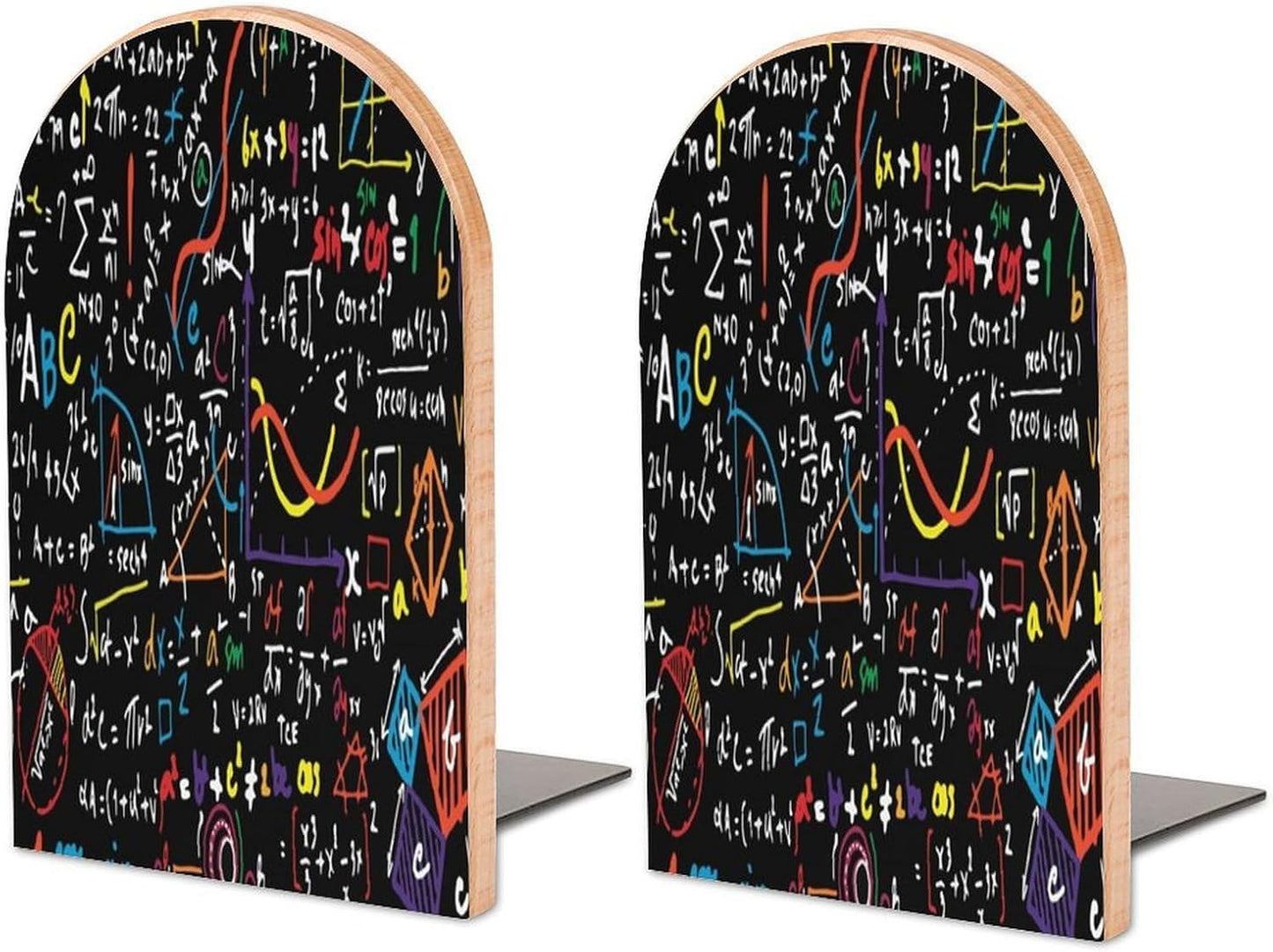 Mathematics and Physics Wooden Bookend Non-Slip Book Ends Heavy Duty Book Stopper with Metal Base Books Holderd Decorative Bookends Stands Firmly for Office Supplies