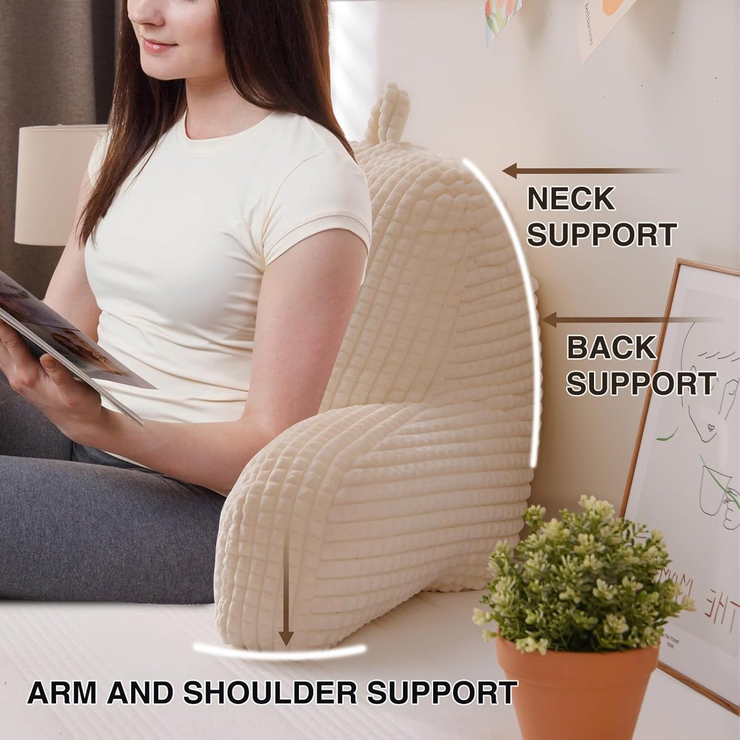 Waffle Wedge Reading Pillow with Arms — Large, Ivory, Adult & Children, Bed or Couch
