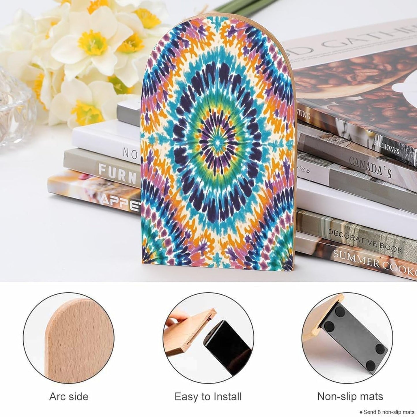 Tie Dye Pattern Bookends 1 Pair Heavy Duty Book Ends for Shelves Non-Skid Bookend Supports Wooden Book Holders with Metal Base Desk Organizers Books Storage to Hold Books