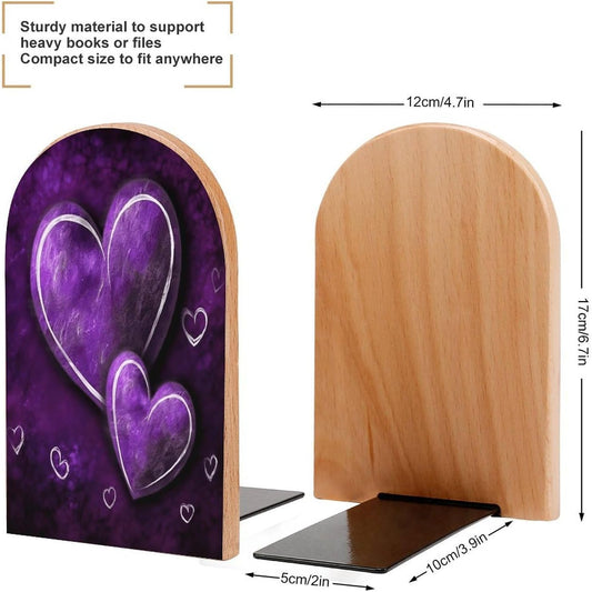 Purple Hearts Bookend for Shelves Wooden Book End Large Size Sturdy Book Holders Stoppers with Metal Base for Bookshelves Slick Decorative Bookends Stands