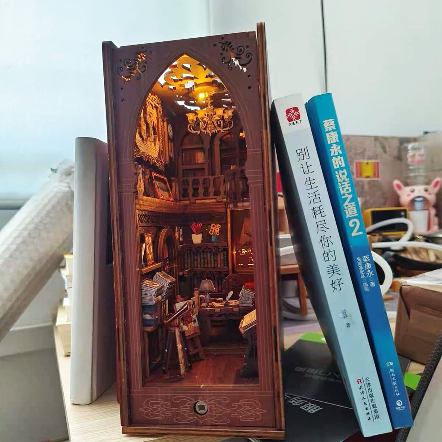 3D Wooden Magic Library Book Nook Kit - Enchanting Bookshelf Insert with Touch LED | DIY Bookend Decor | Ideal for Adults & Teens (Library)