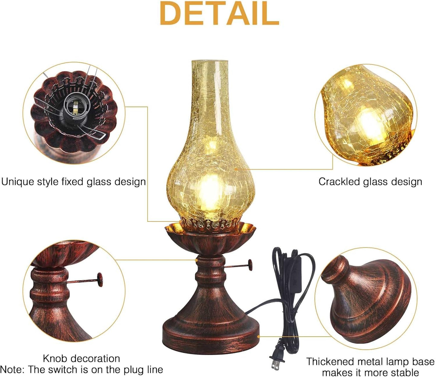 Vintage Table lamp Antique Rustic Farmhouse Desk Lamps Western Victorian Crackled Glass Design Bedside Lamps Living Room Bedroom Studio (Amber)
