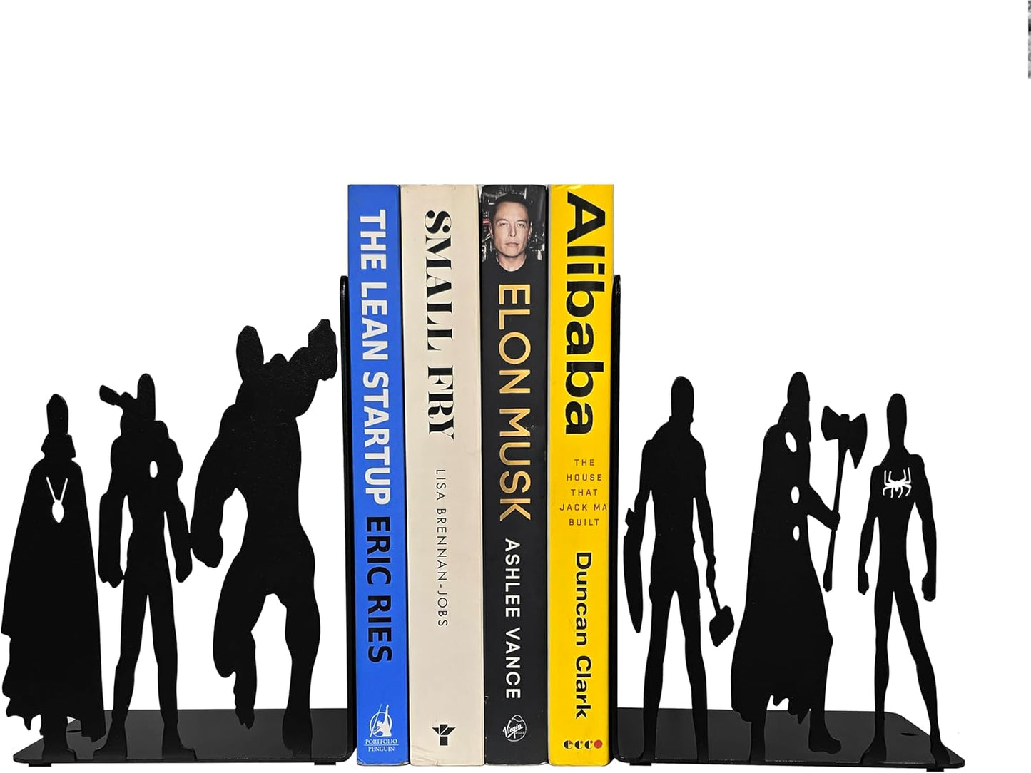Superhero Metal Bookends, 8 inch Height, 11 inch Width, 4 inch Depth, Black Powder Coated, 3 lbs, Decorative Bookends for Shelves