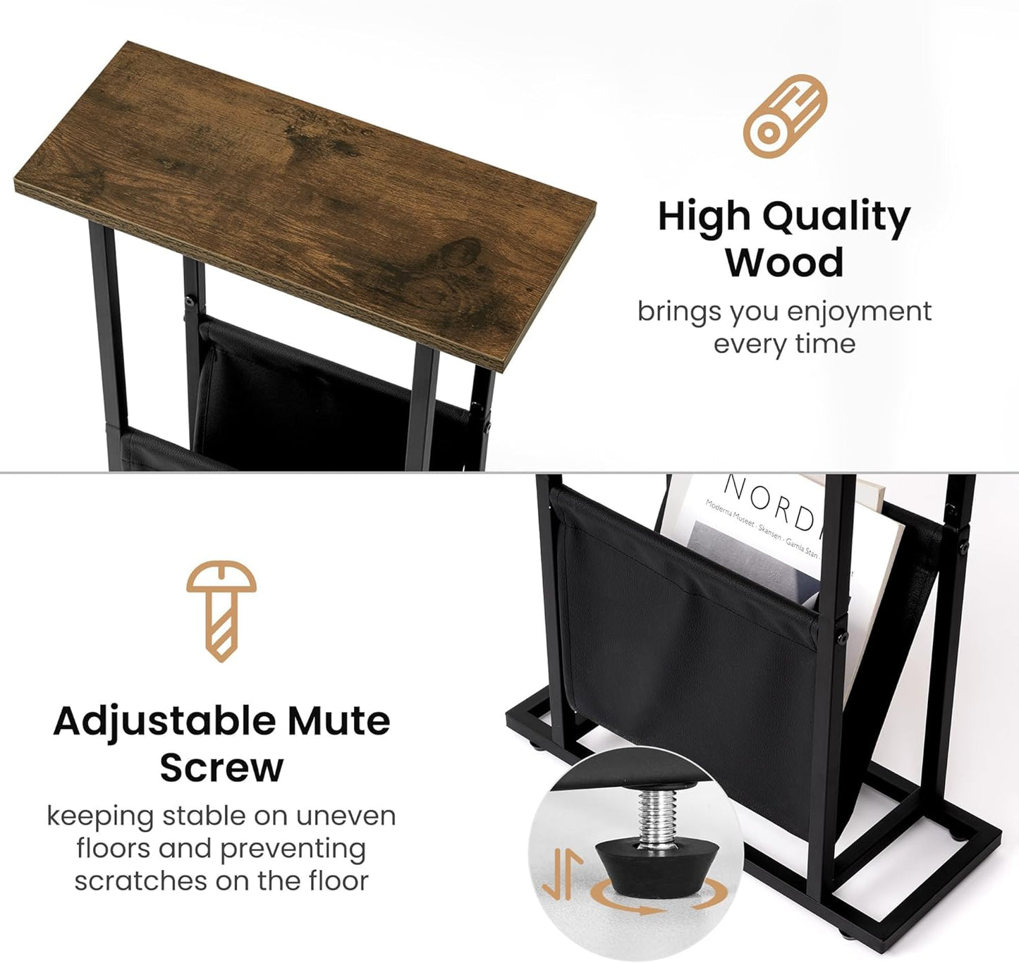 Narrow Side Table for Small Place,Metal Table with PU Leather Bag,Slim Nightstand for Reading Or Storage,Sofa Side Table for Living Room,Bedroom,Brown