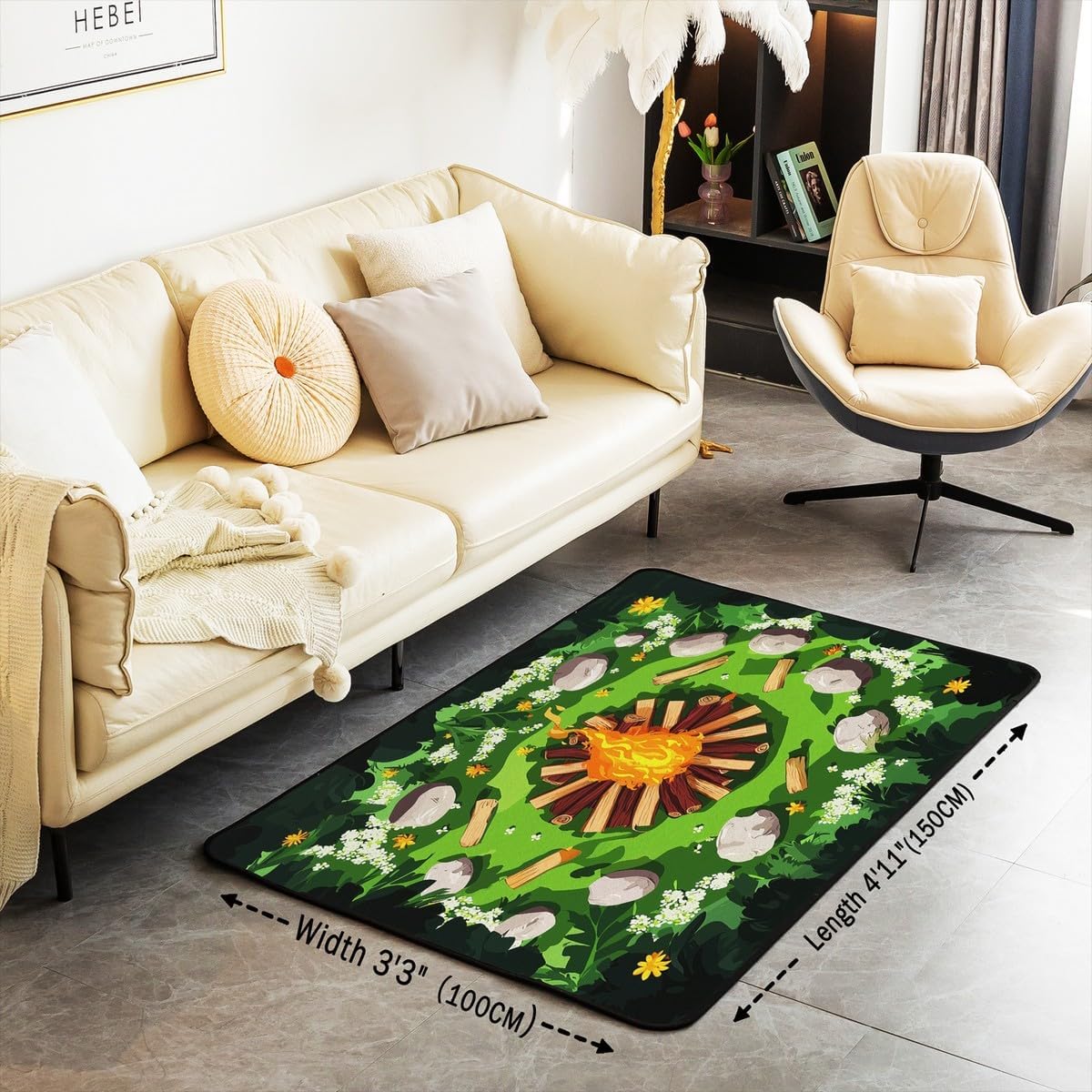 Castle Fairy Campfire Area Rug 3'x5',Cartoon Stones Green Tree Non Slip Rug for Kids Teen Boys Women Men,Camping Woodland Campsite Indoor Floor Mat for Dining Room Backyard Decor,Happy Camping