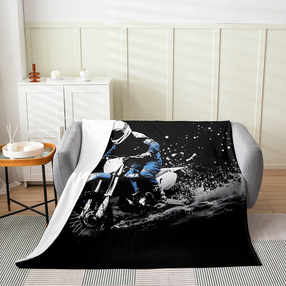 Feelyou Dirt Bike Plush Throw Blanket, Throw 50"x60" Racing Themed All Season,Bed Blanket Ultra Soft Racing Motocross Rider Flannel Fleece Blanket for Sofa Couch Motorcycle Room Decor Motorbike