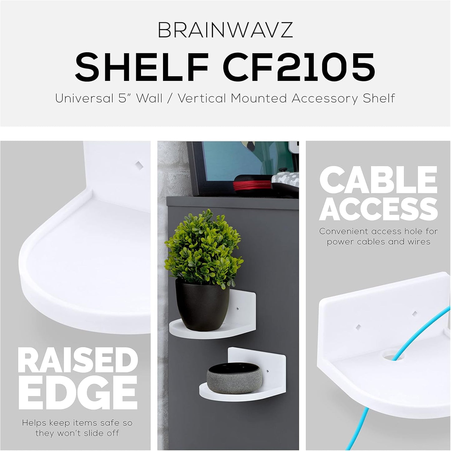 BRAINWAVZ 5” Small Floating Shelf, Adhesive & Screw in, for Bluetooth Speakers, Cameras, Plants, Books, Toys & More, Universal Shelves, Easy to Install Shelf CF2105 White