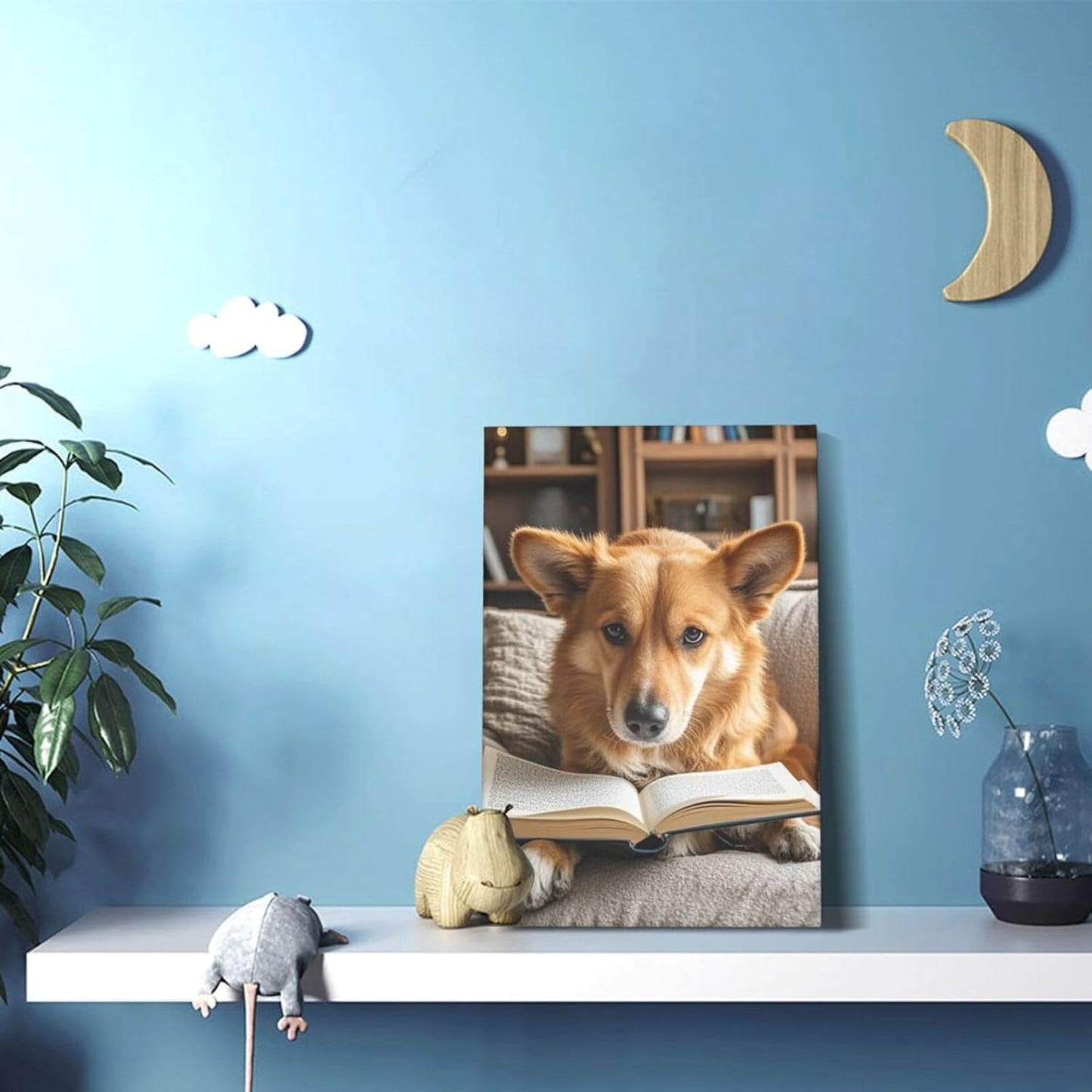 Canvas Wall Art Poster Personalized Pictures Print Reading Dog Wall Pictures Modern Art Canvas Painting Framed Artwork Aesthetic Poster for Living Room Bedroom Office Home Decor 12x18in