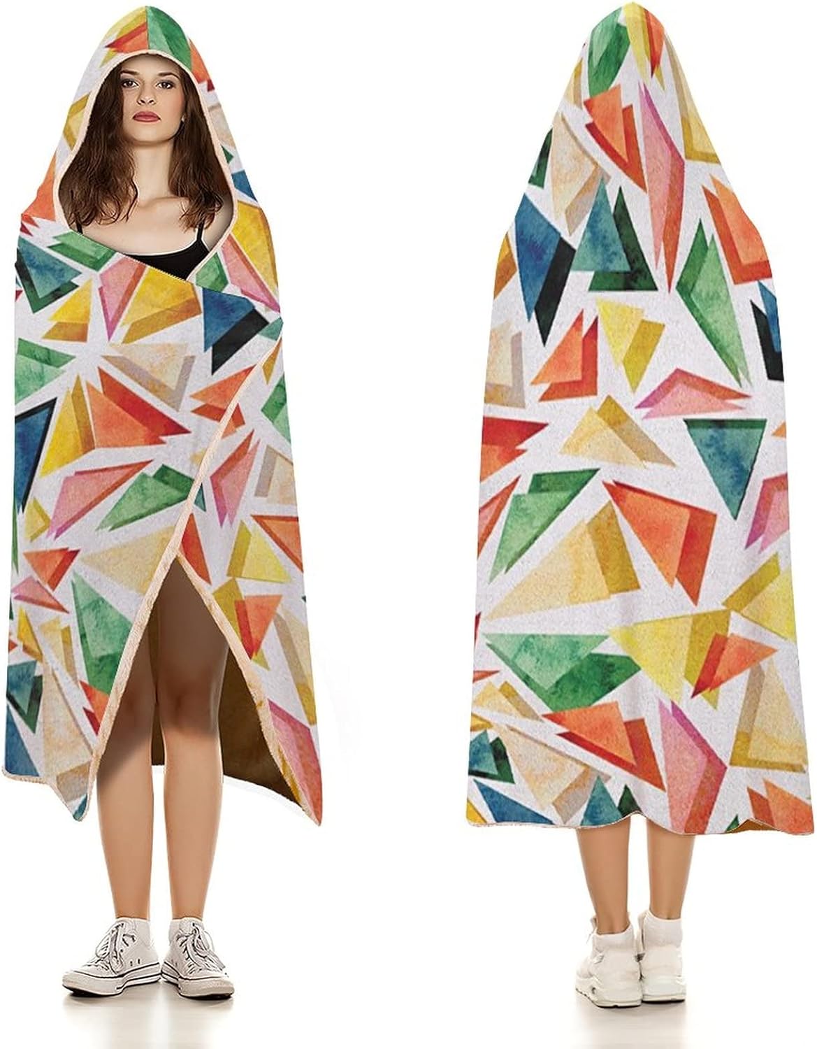 Throw Blankets, Watercolor Wearable Hooded Blanket for Adults, Triangle Pattern Rainbow Color Palette Abstract, Soft Warm Cozy, 50 x 60inches, Studying Reading Snuggling Napping Office, Multicolor