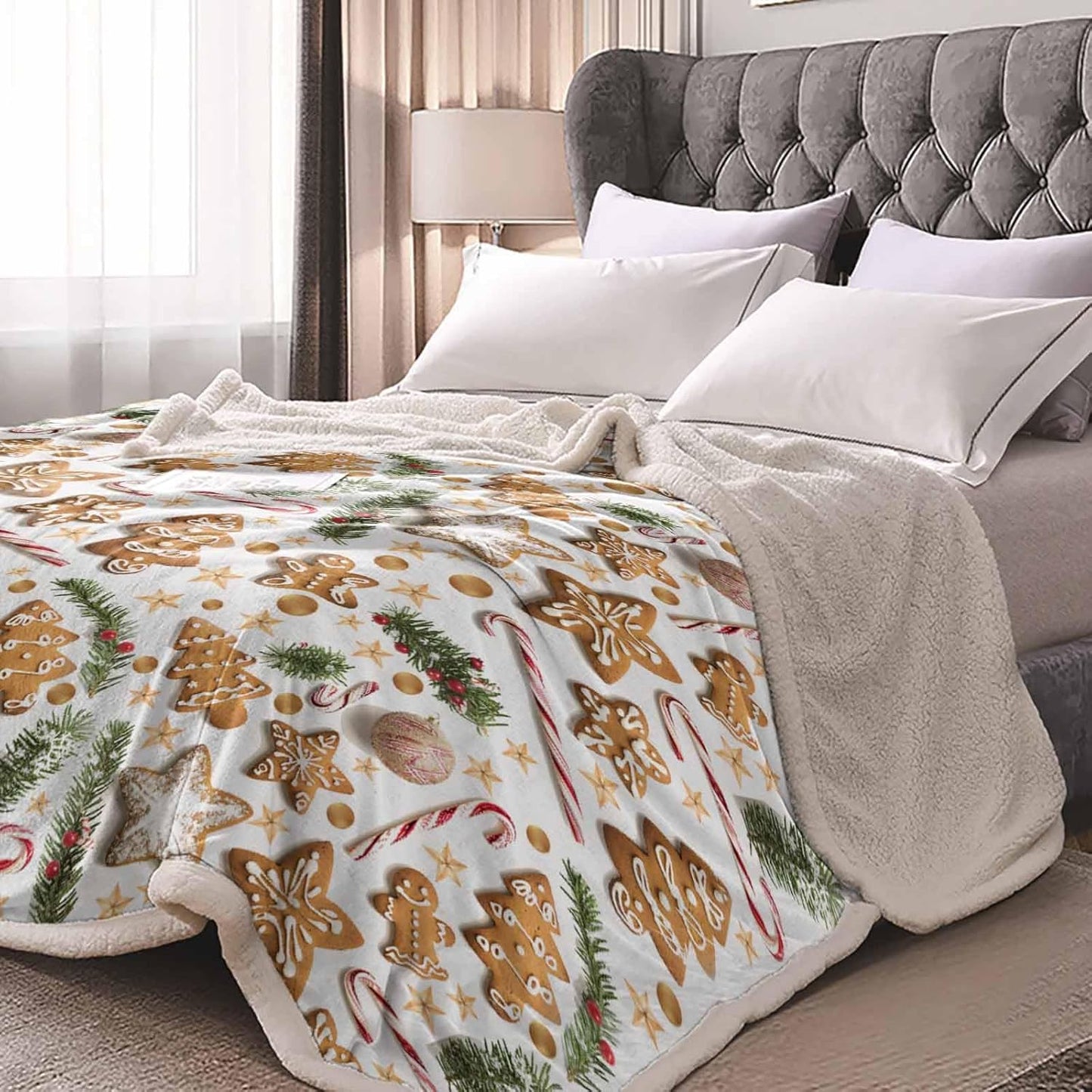 Christmas Sherpa Blanket Gingerbread Man Sherpa Throw Blanket Soft Cozy Fuzzy Brown Biscuit Leaf Branch Star Fleece Flannel Plush Blankets Warm Throw Blankets for Couch Sofa Bed 40" x 50"