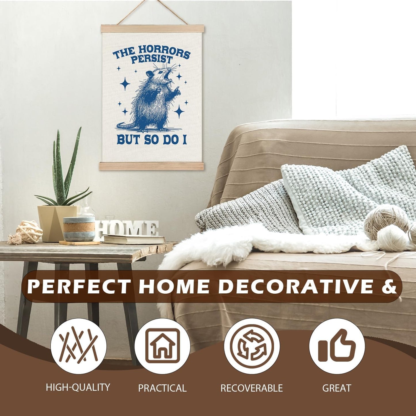 LZYRF Funny Opossum Mental Health Wall Art Poster Framed, Possum Gifts, Retro Blue Positive Affirmations Inspirational Canvas Prints Wall Decor for Therapy School Counseling Office, 12x16 Inch