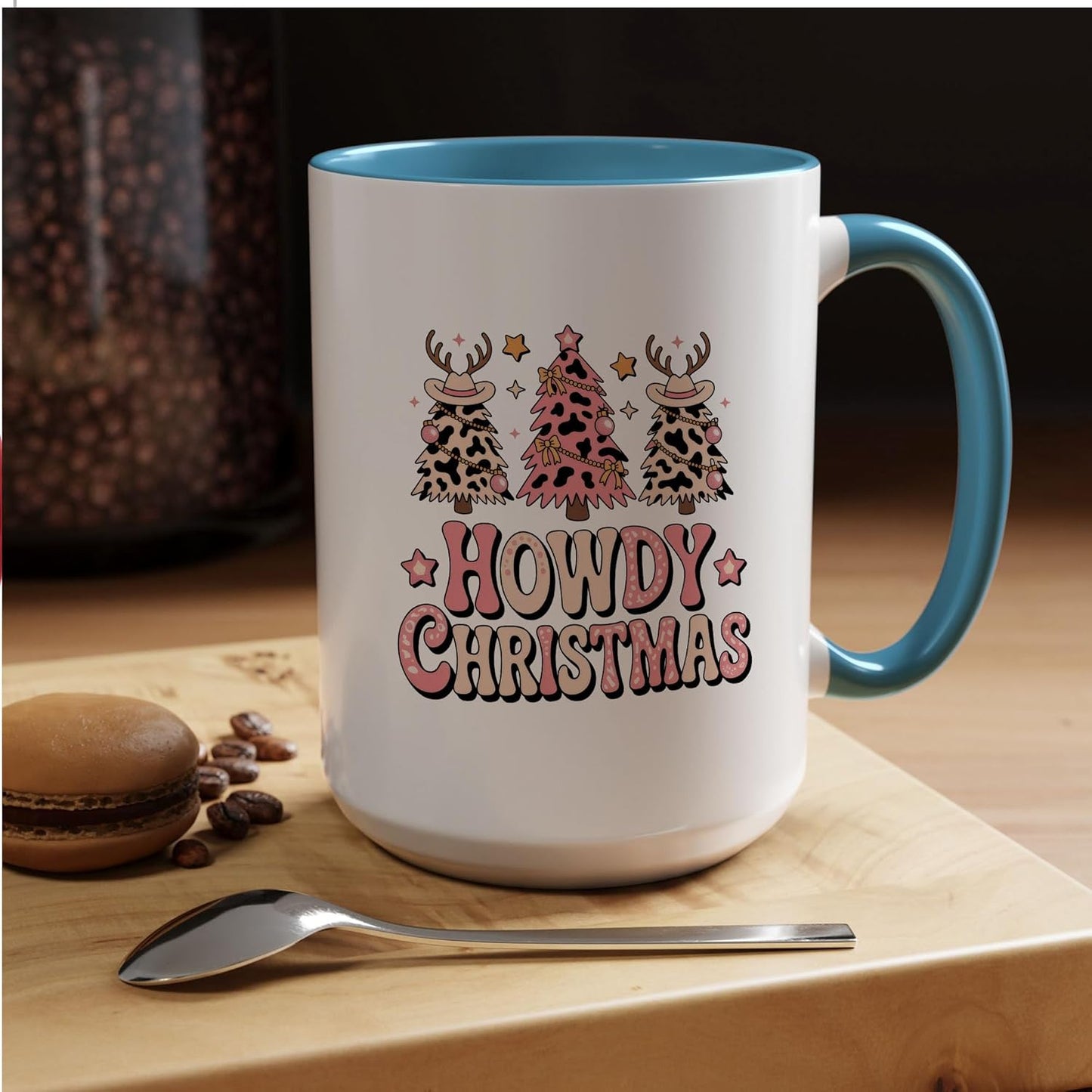 Funny Leopard Tree Howdy Christmas Two-Tone Accent Mugs, 11oz 15oz Drinking Cups, Kitchen Décor, Gifts For Book Lovers
