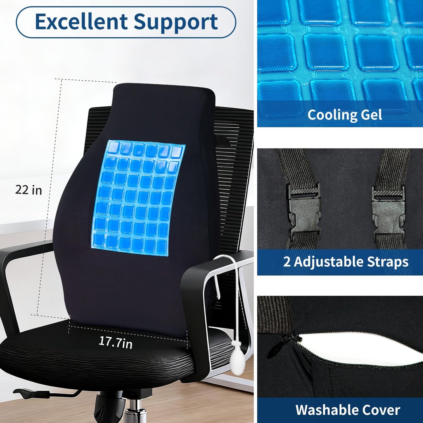 Adjustable Air Bag Lumbar Support Pillow for Office Chair with Cooling Gel - Adjustable Lumbar Support Height Back Support Pillow for Lower Back Pain Relief, Keep Your Back Cool And Dry, Black