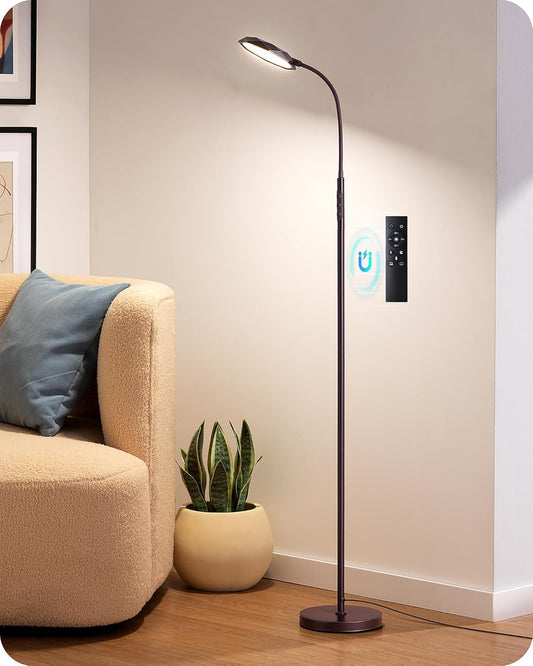 EDISHINE Modern LED Floor Lamp, 1300LM Bright Floor Lamps for Living Room, 4 Color Temperature Dimmable Reading Lamp, Remote & Touch Control, 2 Timer, Adjustable Gooseneck for Bedroom Office Brown