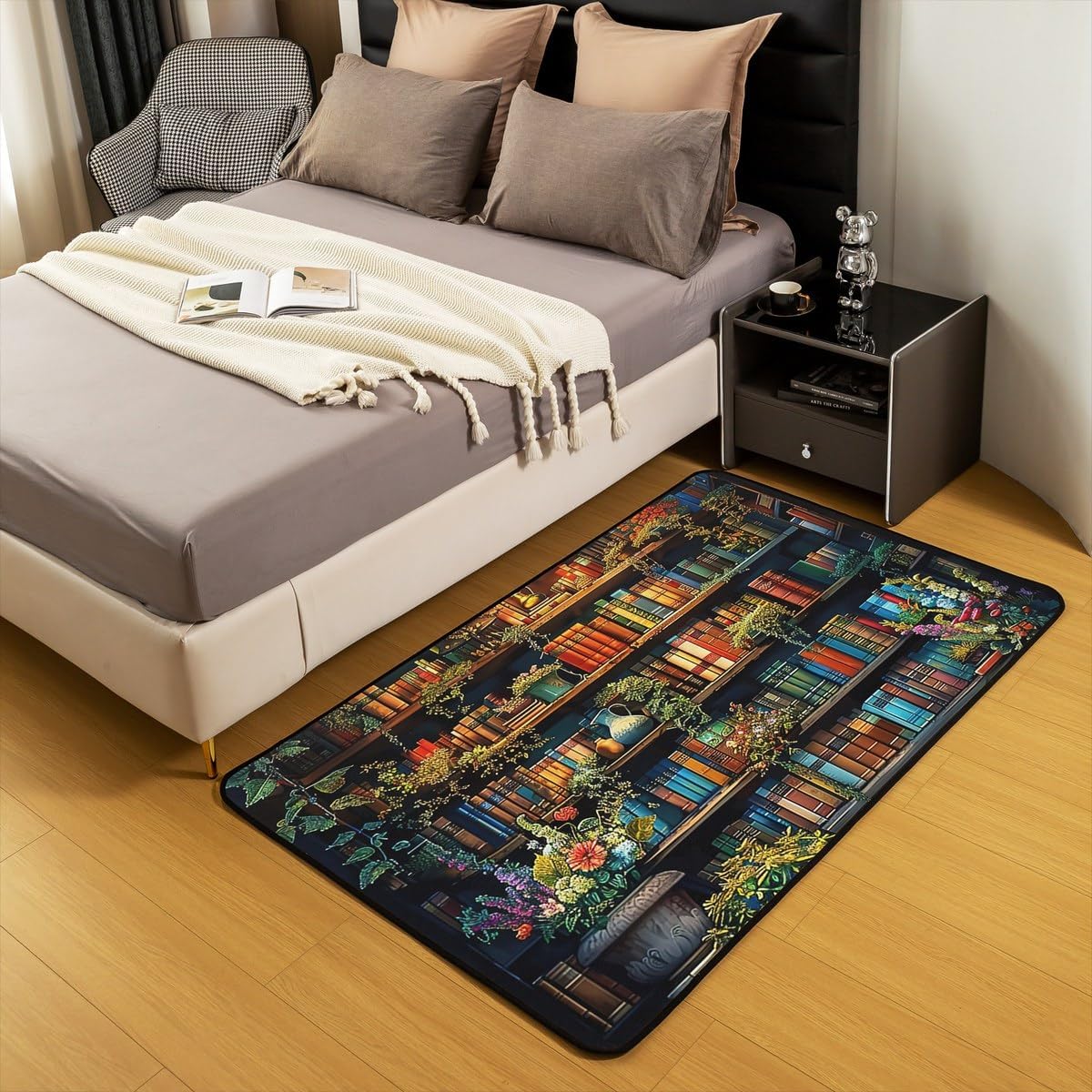 Erosebridal Retro Bookcase Area Rugs 3x5,Vintage Bookshelf Living Room Rugs for Kids Boys Girls Farmhouse Potted Plants Books Indoor Floor Mat for Backyard Bedroom Living Room Bedside,Green Orange