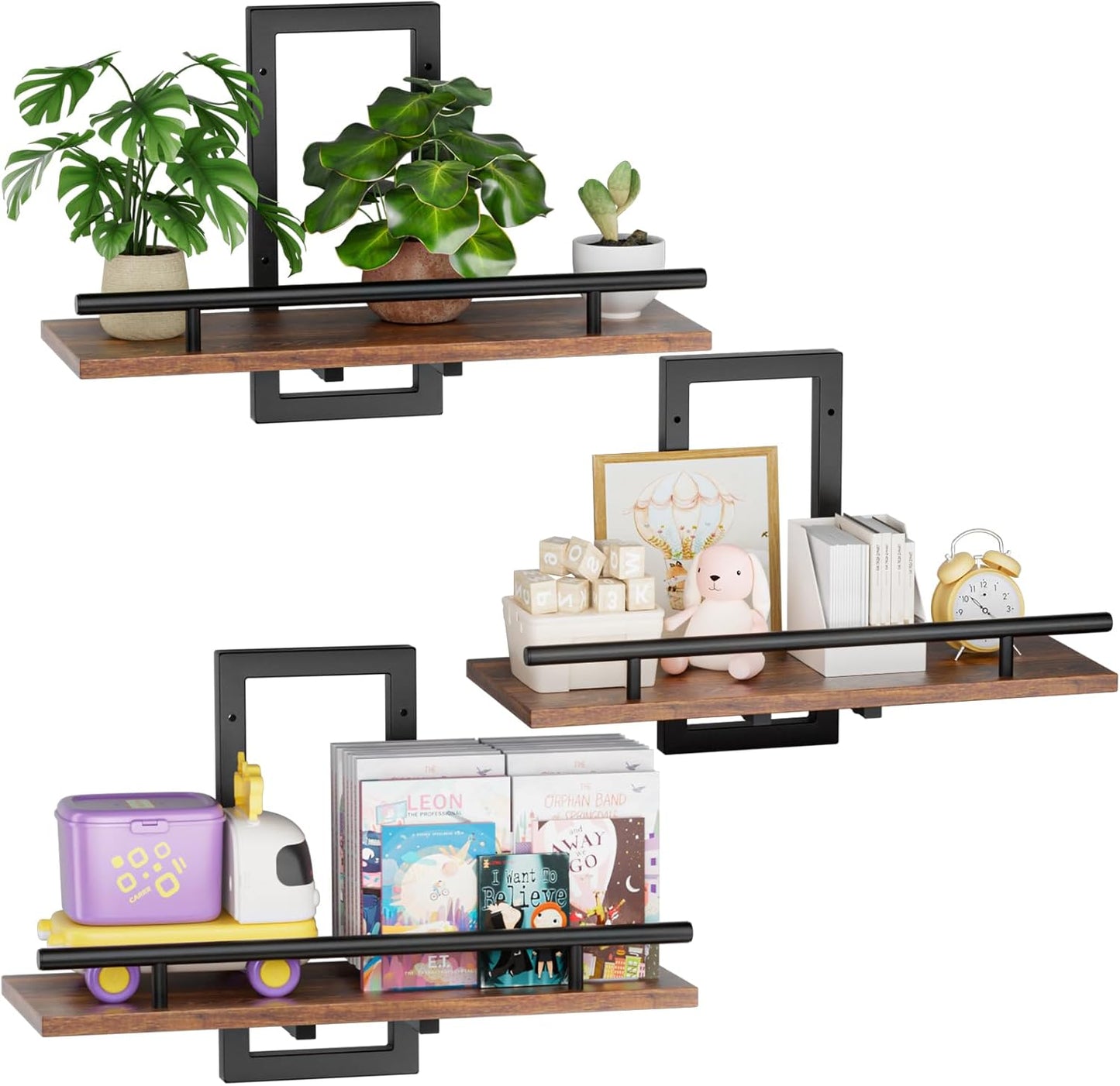 Floating Shelves for Wall to Hold Plants and Small Decor, 15.8 Inch Wall Mounted Shelves Set of 3, Easy to Mount Book Shelf for Bedroom, Living Room, Bathroom, Kitchen, Rustic Brown