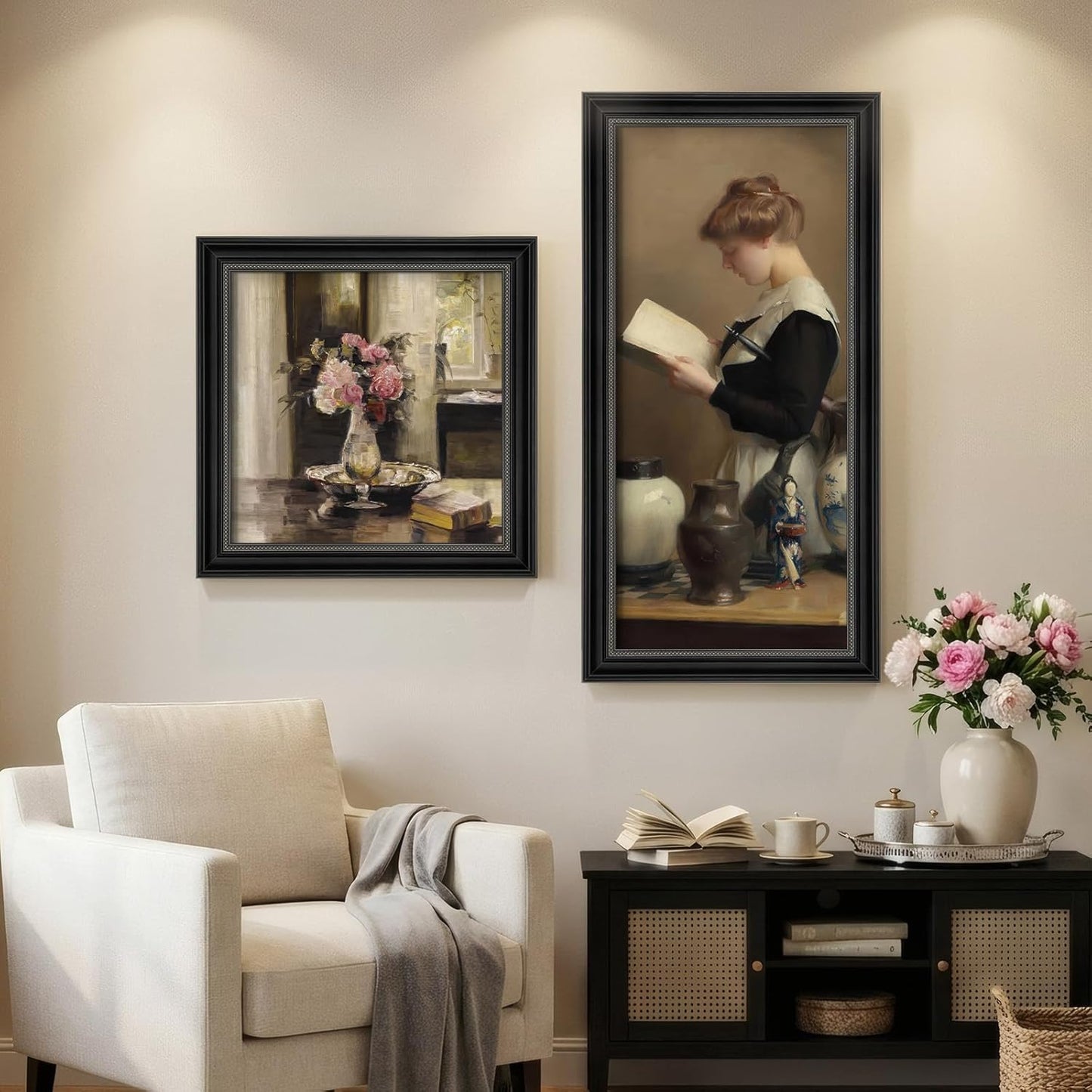Framed Vintage Wall Art for Bedroom, 2 Piece Neutral Mid Century Modern Aesthetic Canvas Painting Prints, Victorian French Country Floral Woman Peaceful Portrait Artwork for Office Dining Room Decor
