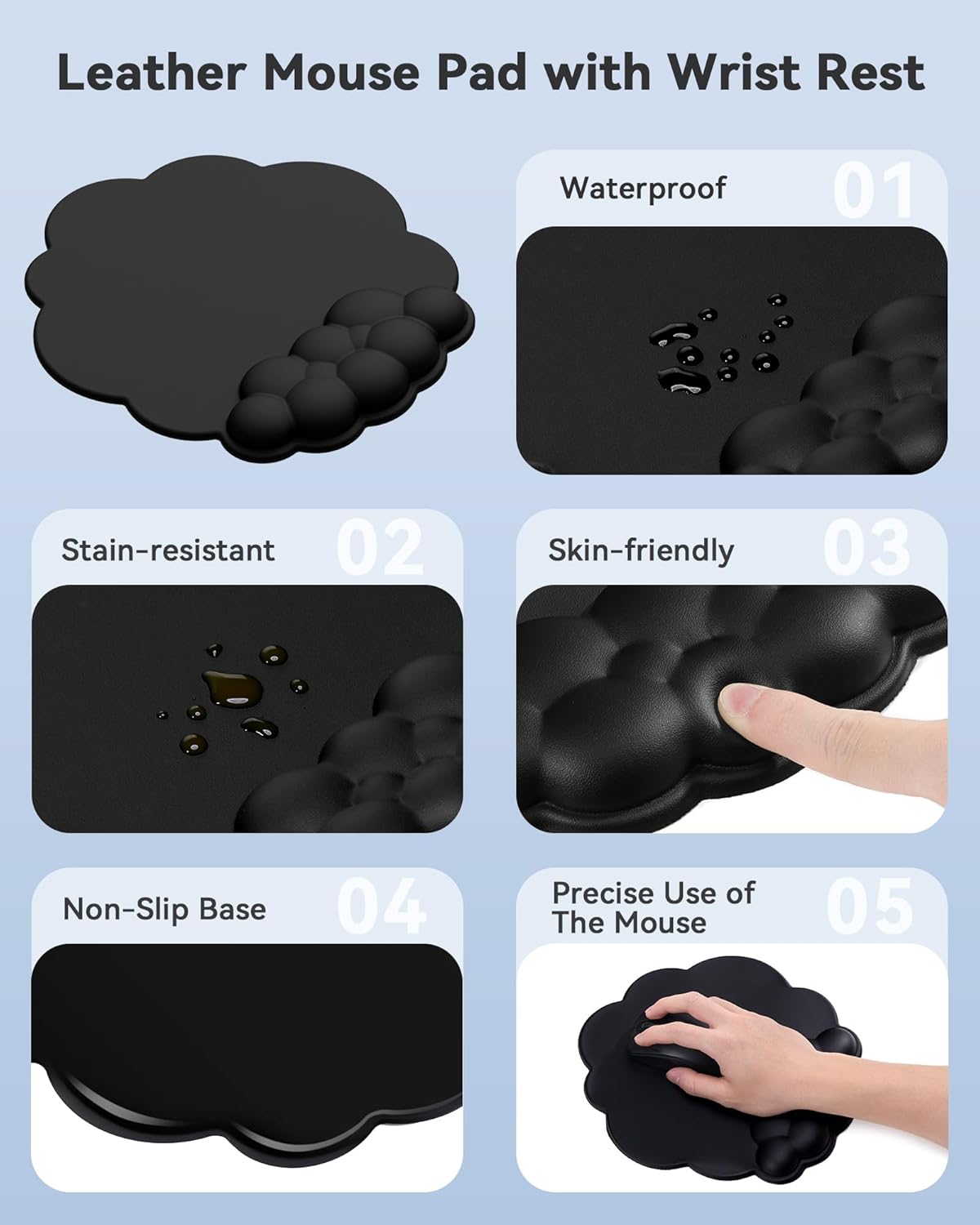 Cloud Wrist Rest for Keyboard and Mouse for Desktop, PU Leather Cloud Computer Keyboard Stand with Mouse Pad, Key Board Wrist Support Riser, Angle Adjustable Arm Rest(Black)