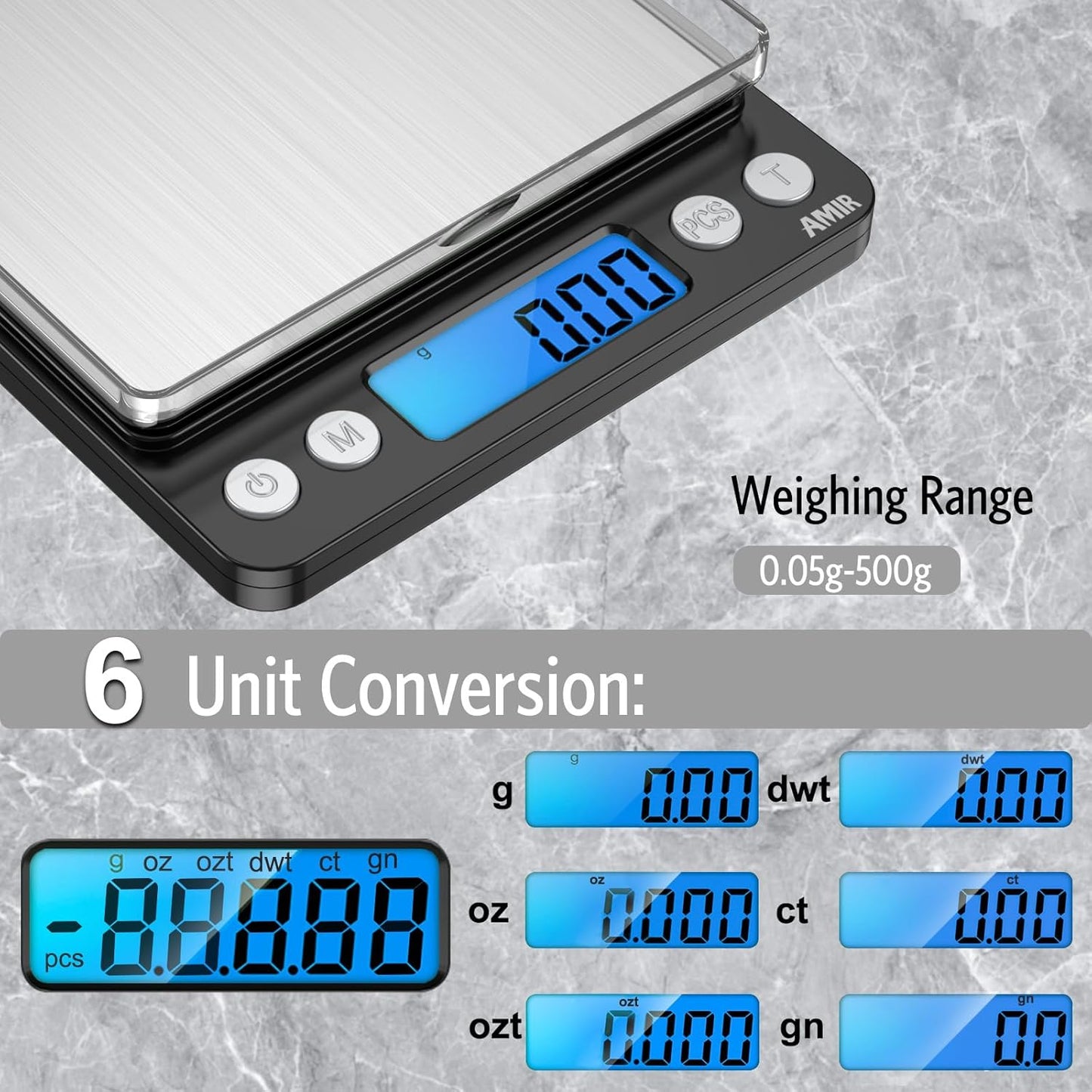 AMIR Digital Kitchen Scale, 500g/0.01g Mini Pocket Jewelry Scale, Cooking Food Scale with Backlit LCD Display, 2 Trays, 6 Units, Auto Off, Tare, PCS Function, Stainless Steel, Battery Included, Black