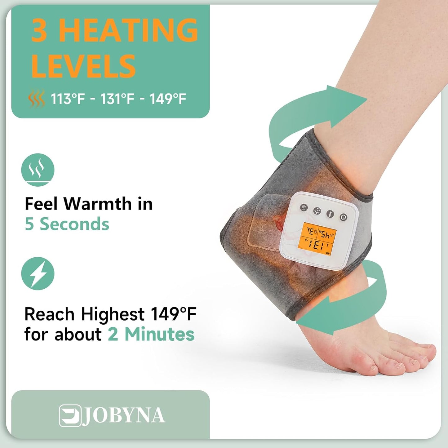 Rechargeable Cordless Ankle Massager with Heat, Heated Foot Massager for Plantar Fasciitis & Achilles Tendinitis Pain Relief, 3 Vibration & Heat Modes, Auto Shut-Off