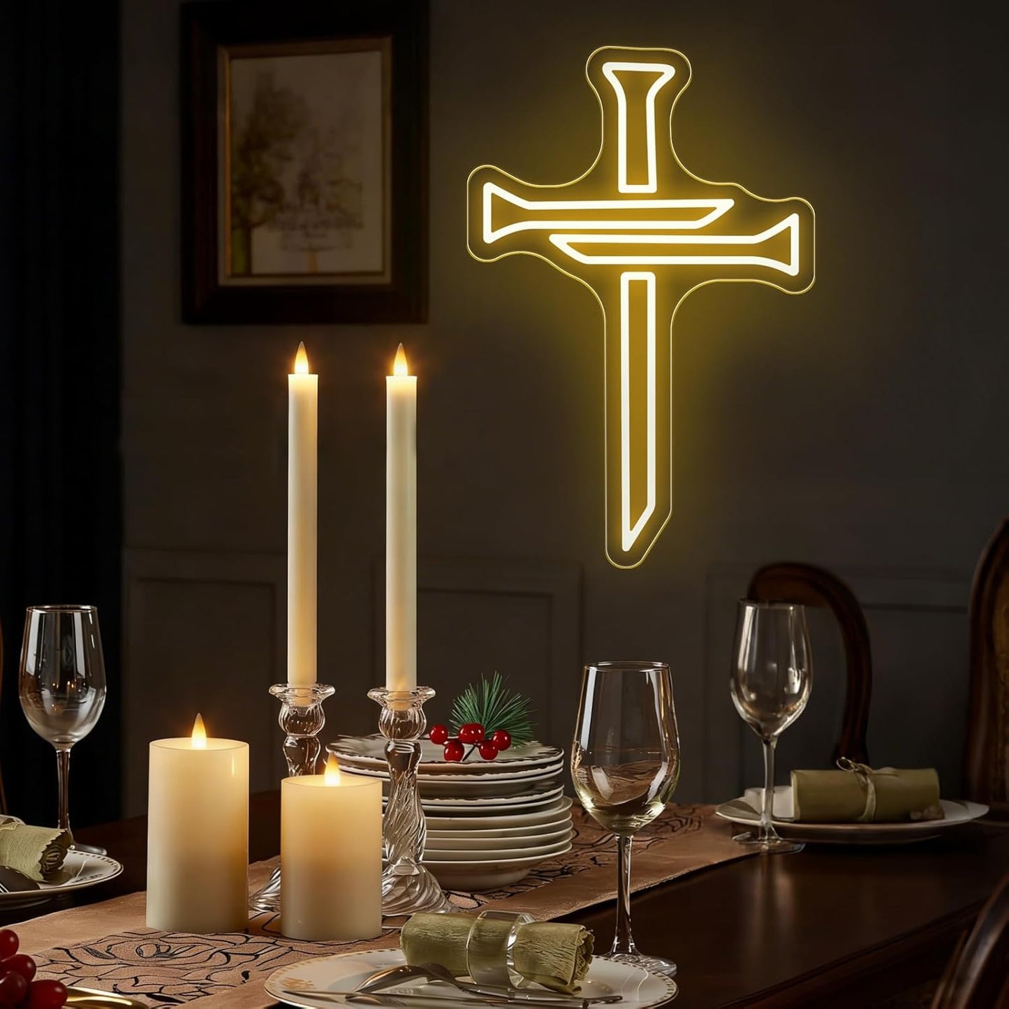 Christian Cross Neon Sign Easter Religious Cross Inspirational Led Light For Christian Home Worship Room Decor Gift Bedroom Room Home, Home Party, Wedding, Easter, New Year Gift-16.5IN-Warm White