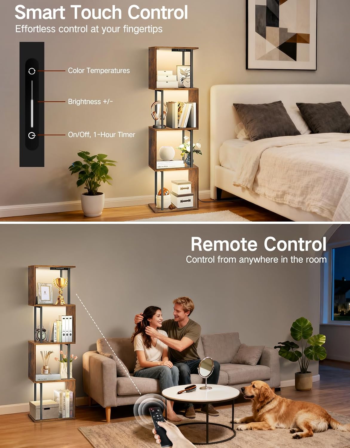 5 Tier S-Shaped Geometric Bookshelf with LED Light, 3 Color Temperatures, Touch & Remote Control, Dimmable Standing Bookcase, Small Display Shelf for Living Room, Bedroom, Office