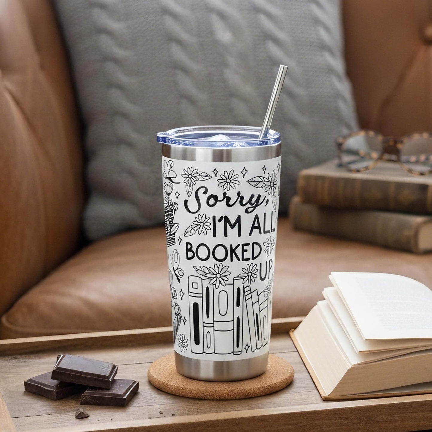 Book Lovers Gifts - Sorry, I'm All Booked Up, 20 oz Insulated Coffee Tumbler Cups, Bookish Gifts for Readers Woman Librarian, Book Club Gifts, Book Themed Present