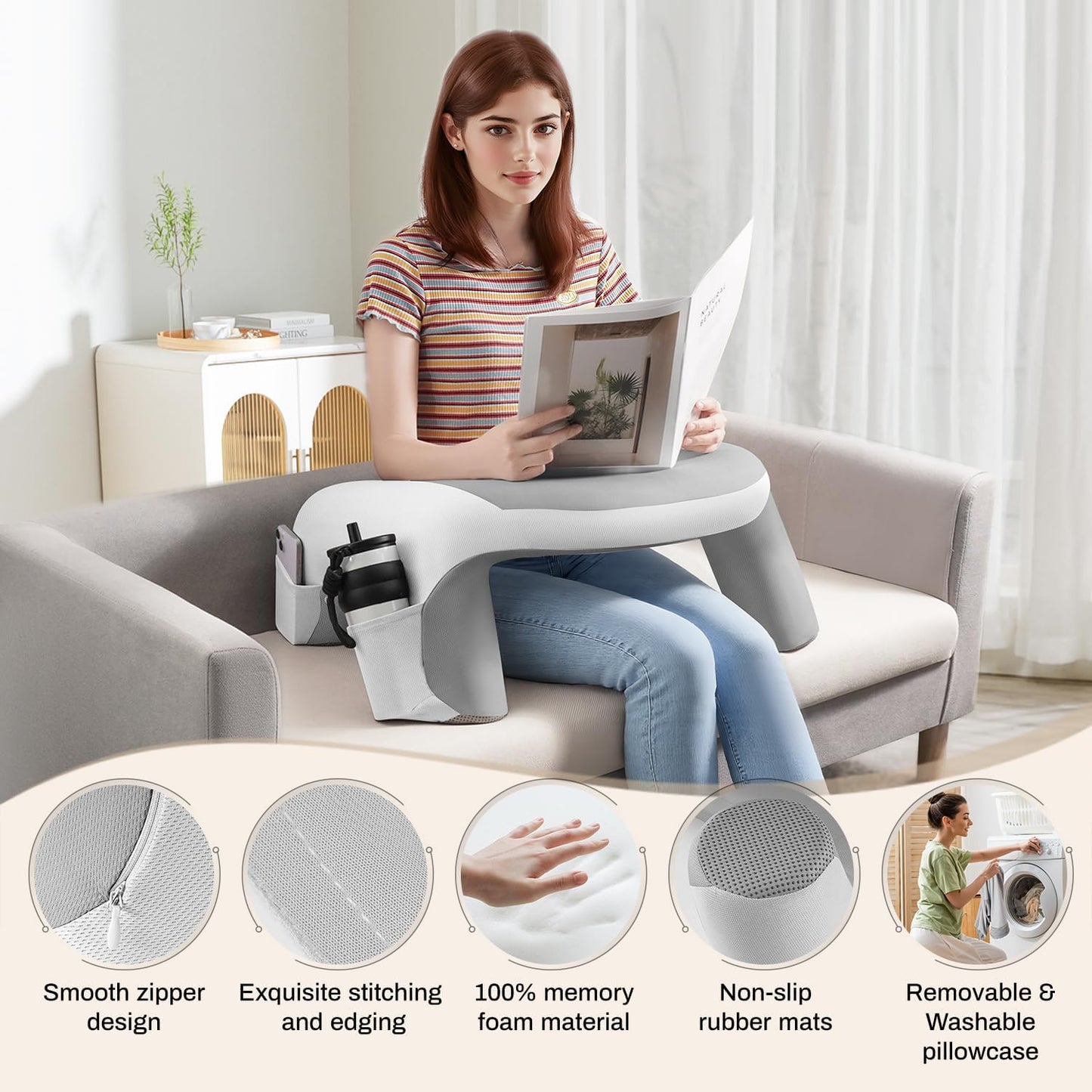 Laptop Lap Desk, Reading Pillow for Bed, Memory Foam Arm Rest Support Gaming Pillow with Cup/Phone Pocket, Laptop Lap Desk for Working, Gaming, Reading on Couch Bed Floor- White