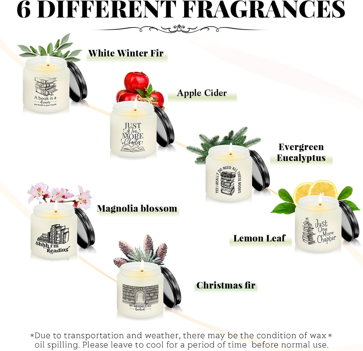 MTLEE 6 Pcs Book Lover Gift Bookish Book 3.5 oz Scented Reading Candle Librarian Appreciation Gift for Bookworm Reader Library Teacher Writer Office Staff Graduation Party, 6 Style(Fresh Scent)