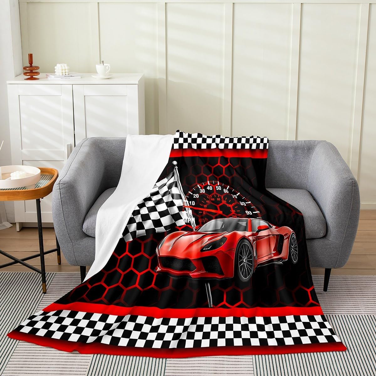 Red Race Car Throw Blanket,Neon Lights Honeycomb Racing Cars Bed Blanket for Girls Men,Black White Grid Flag Extreme Sports Fuzzy Blankets,40 x 50 Inches