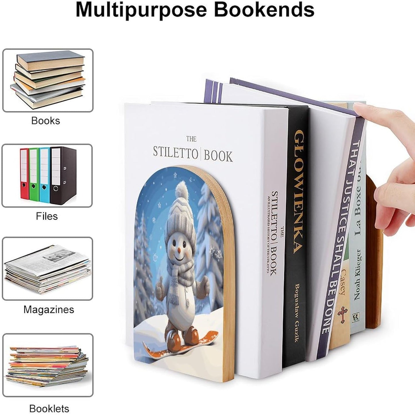 Non-Slip Bookend for Shelves Cute Snowboard Snowman Wooden Bookends with Metal Base Decorative Book Stopper for Home Heavy Duty Wood Book Storage for Books/CDs