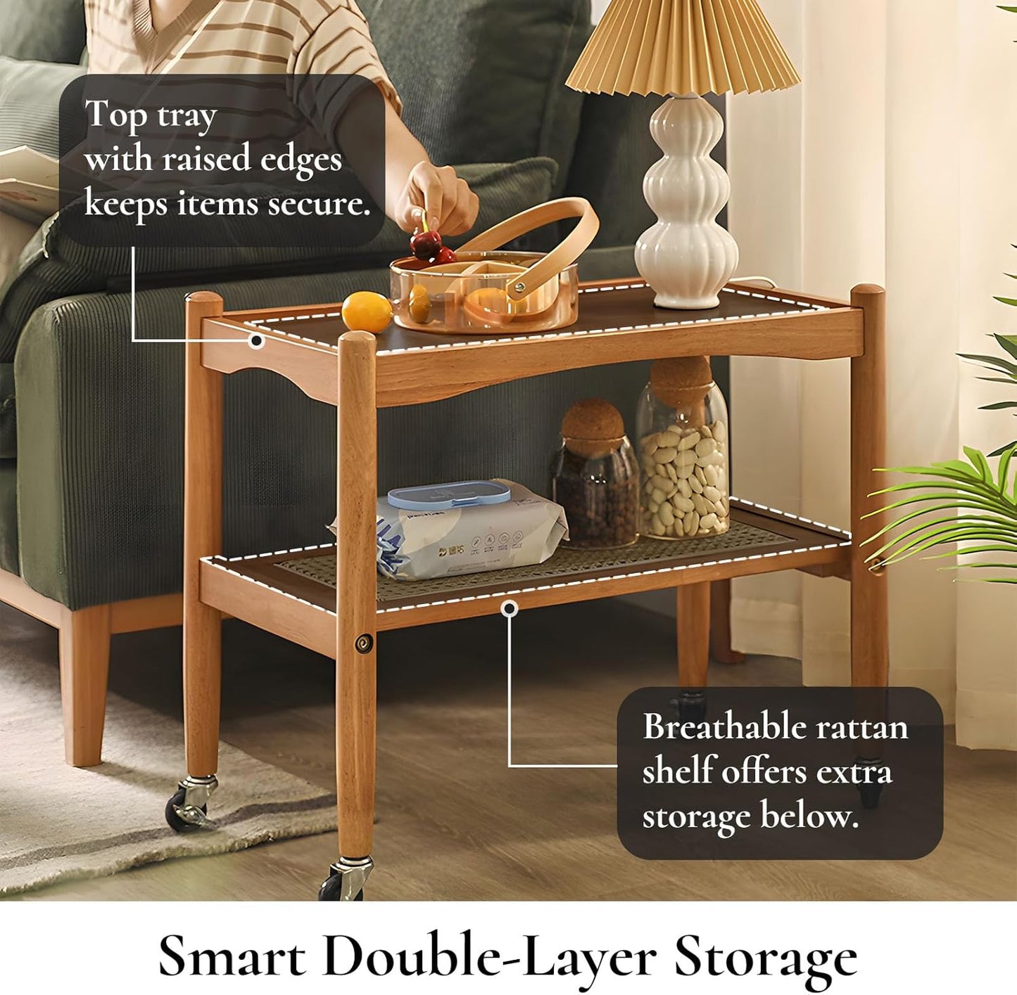 Rattan Side Table with Wheels, Small End Table with Storage, Narrow Wooden Bed Side Table for Living Room, Modern Slim Sofa Nightstand, 23.43" W*12.99" D*19.69" H, (Natural)