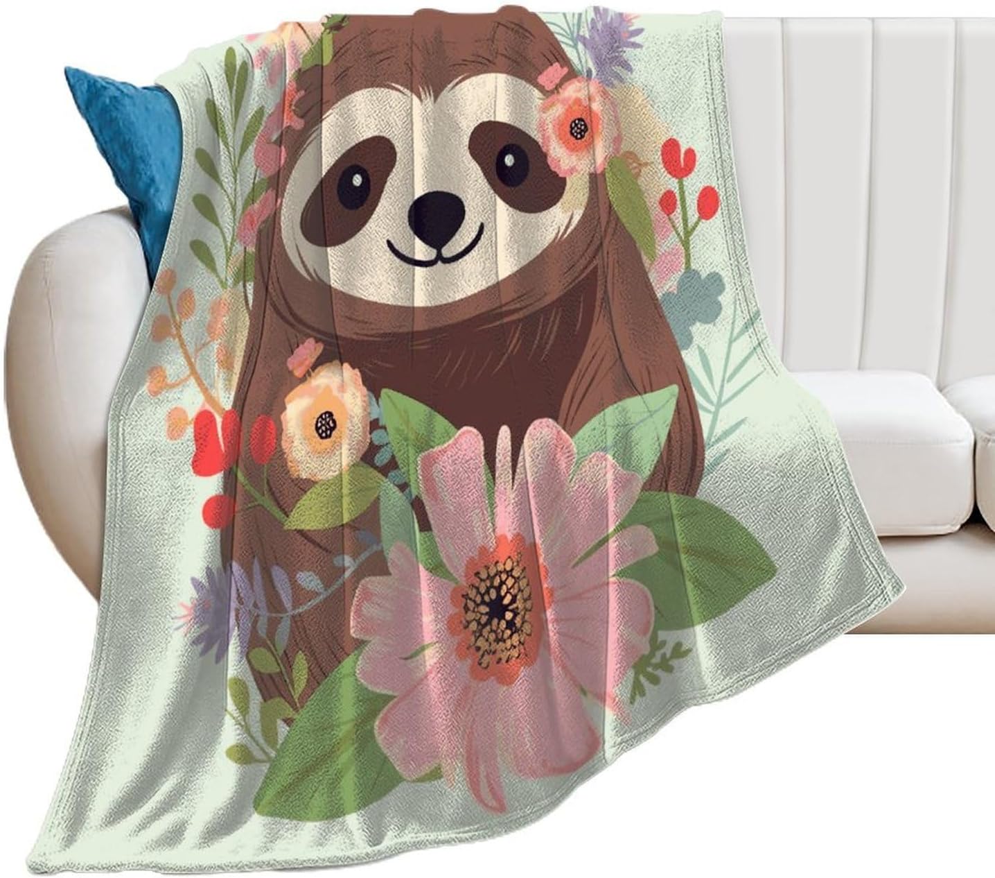 Sloth and Flowers Blanket Super Soft Lightweight Throw Blanket Cute Cozy Warm Bed Blanket Decorative Fuzzy Blanket All-Season Home Decor Gift for Sofa Couch Living Room 60"*80"（150 * 200cm）
