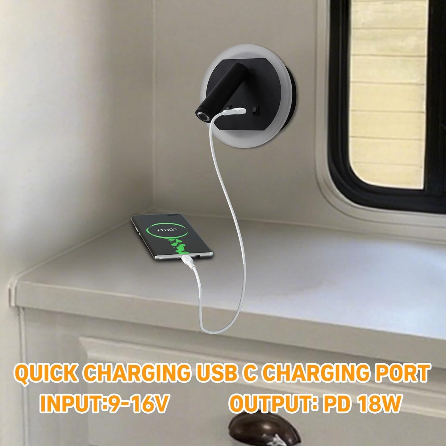 Facon 12V RV Wall Sconce Reading Light with w/18W USB-C Fast Charger, 270° Rotatable Spot Lights with Independent Switches, RV Interior Light for Bedroom, Camper, Trailer, Tiny Homes