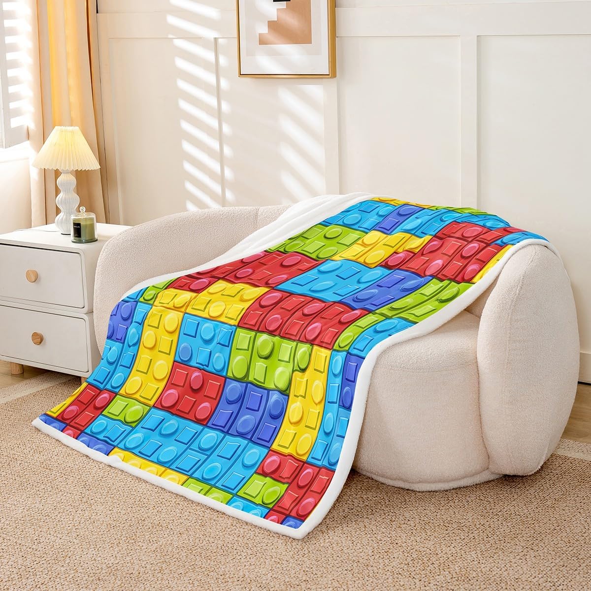 Feelyou Colorful Toy Throw Blankets Teen Funny Building Blocks Decor Soft Cozy Fleece Blankets 30x40 Inches Kids Boys Girls Colorful Geometric Brick Fleece Flannel Throws Cute Games Room Decor