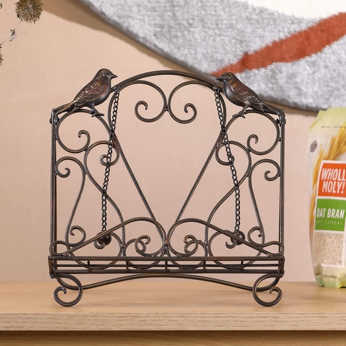 Metal Cookbook Stand Clearance Recipe Book Holder for Kitchen (Birds/Vintage Scrolls, Bronze)