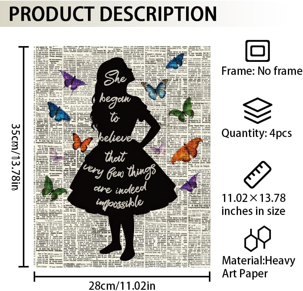 CRAFTYMELODY 4Pcs Alice Wonderland Quote Wall Art Prints Dictionary Wall Decor Poster Artworks Butterfly Flower for Apartment Dorm Decor Living Room Bedroom Home Decoration 11x13.8 Inch Unframed