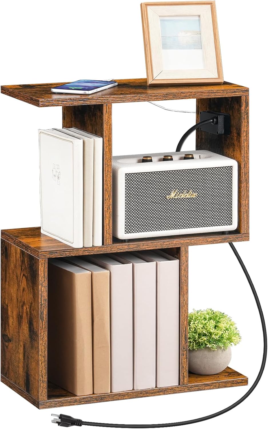 HOOBRO Narrow Side Table with Charging Station, S-Shaped Slim End Table Geometric Bookshelf, with Open Storage, for Small Space, Living Room, Bedroom, Rustic Brown FG137UBZ01
