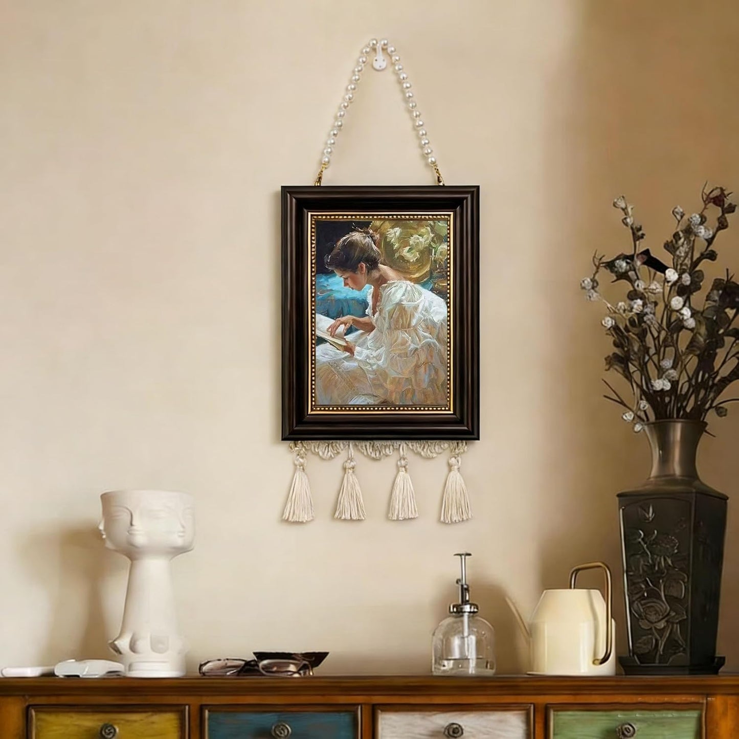 Vintage Framed Wall Art Prints- Classic Impressionist Reading Woman/Girl Painting, Elegant Pearl Chain & Tassel Hanging Decor for Bedroom, Living Room, Bathroom, Farmhouse & Boho Home Decor, 7x18 Inch