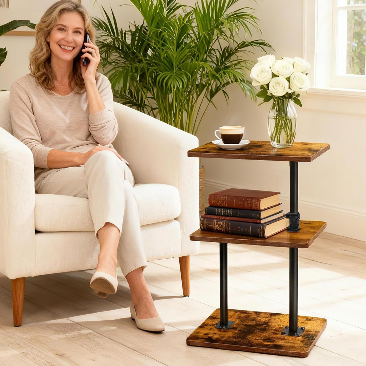 Swivel Side Table for Couch, 3 Tier Small End Table Adjustable Height with Rotatable Tray, Space Saving Nightstand with Storage Shelf for Living Room, Bedroom, Small Spaces