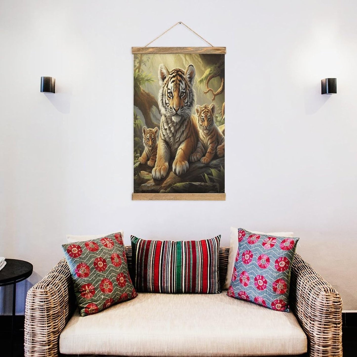 Vintage Jungle Tigers Cub Poster with Wooden Frame Personalized Linen Hanging Scroll Painting Rustic Wall Hanging Illustrative Modern Artwork Decor for Home Living Room Bedroom Office