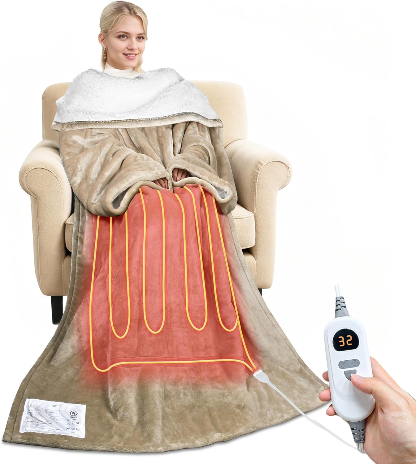 Tirrinia Heated Blanket, Wearable Electric Blanket, Sherpa Heating Blanket, Electric Throw Blanket for 5 Heating Levels, Gifts for Mom, Grandma, Men, Camel