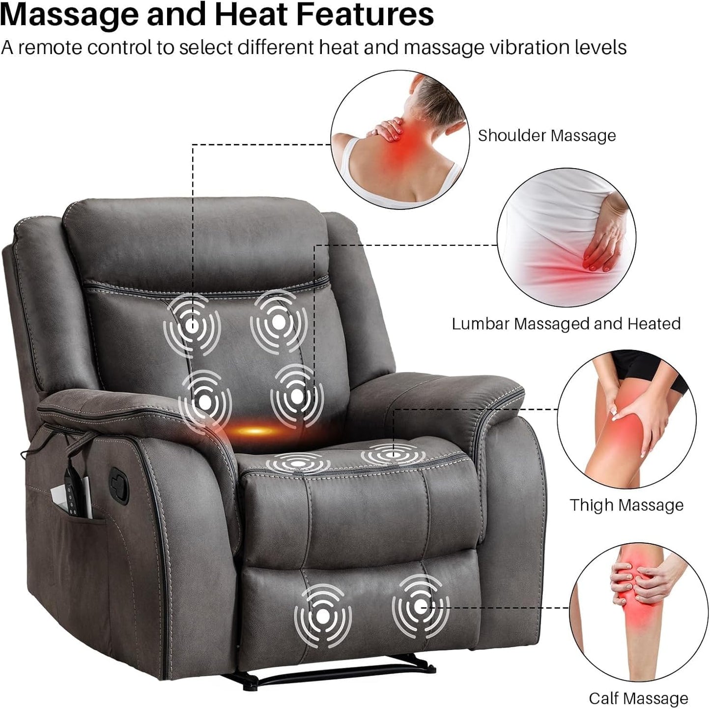 Massage Recliner Chair with Heat 39" Wide Manual Reclining Ergonomic Lounge Chairs Overstuffed Wall Hugger Recliners for Living Room Bedroom Meeting(Black)