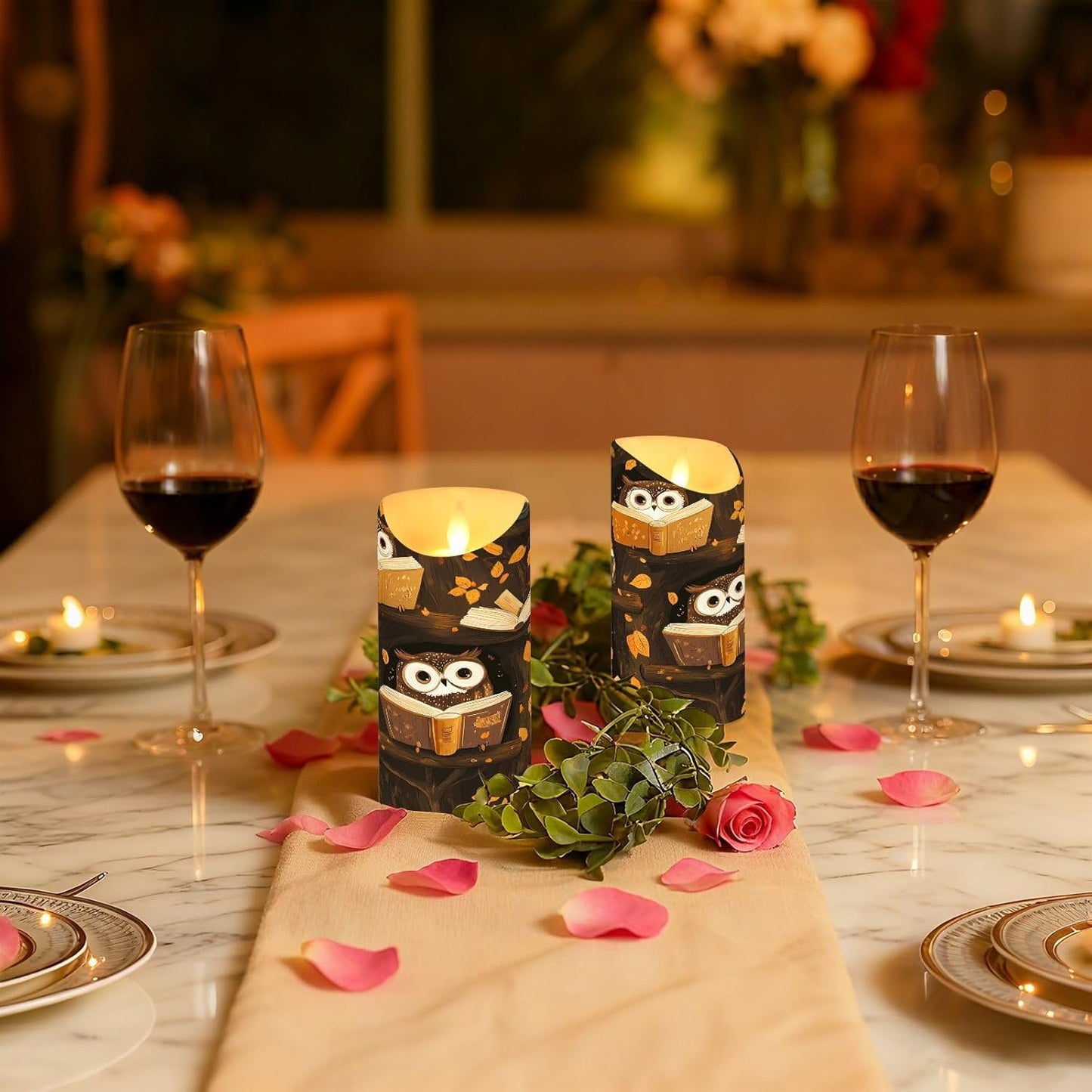 ALAZA Owl Reading Pattern Flameless Candles with Remote Timer,LED Flickering Battery Operated Electric Pillar Tea Light Candles for Wedding Table Christmas Decorations 3" x3.9"