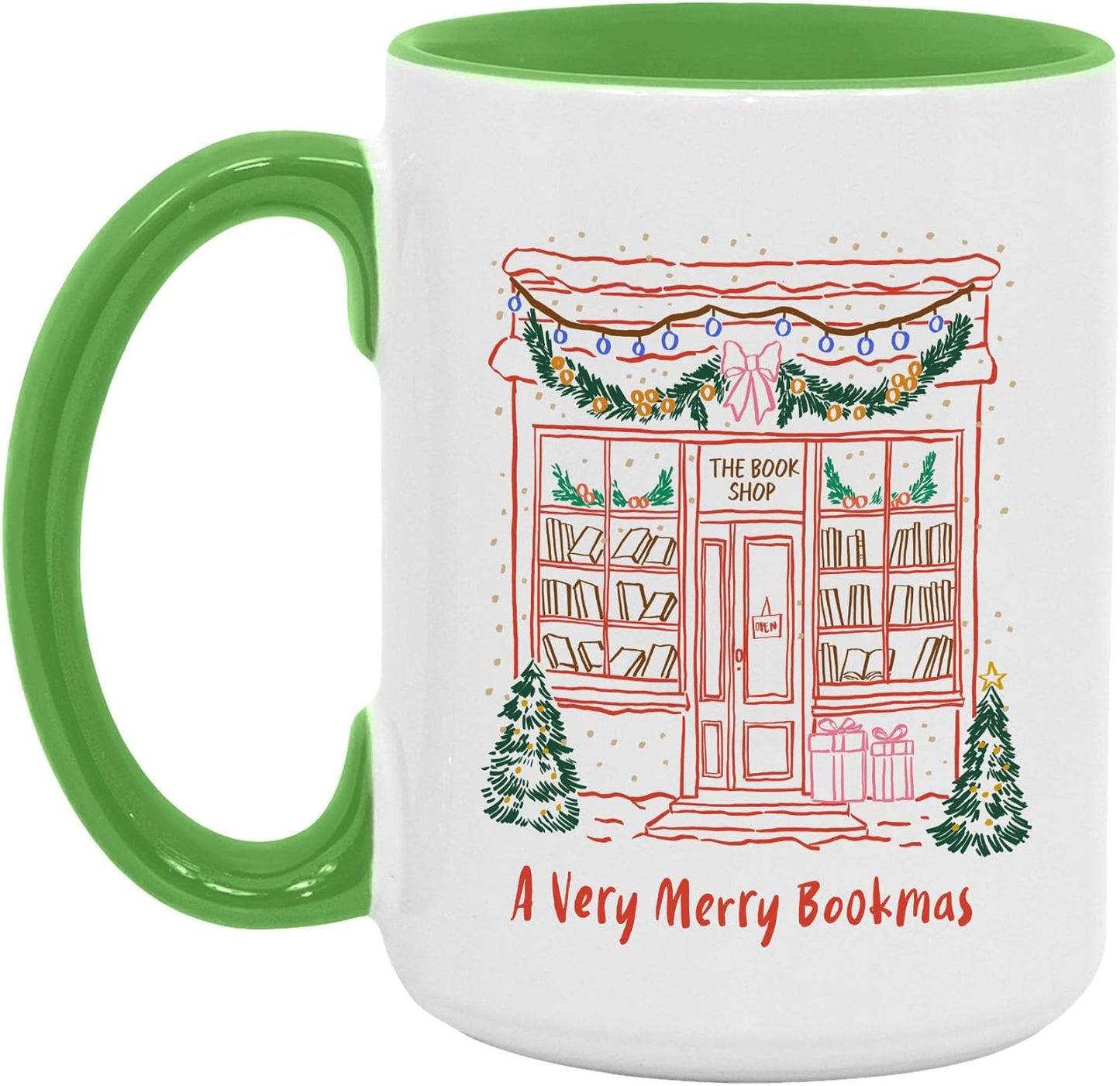 A Very Merry Bookmas Christmas Book Lover Coffee Mugs, Xmas Two-Tone Accent Ceramic Cups, Holiday Gifts, 11oz 15oz