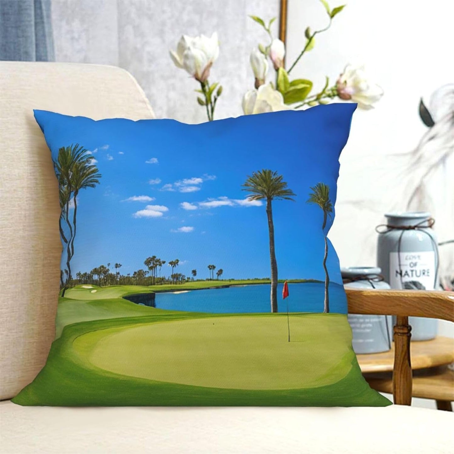 All-Season Square Pillow Covers 18"X18", Golf Course Sea, Decorative Throw Pillow Covers for Sofa Bed Couch, Hidden Zipper Cushion Cover, Square Lumbar & Accent Pillowcases for Home Decor