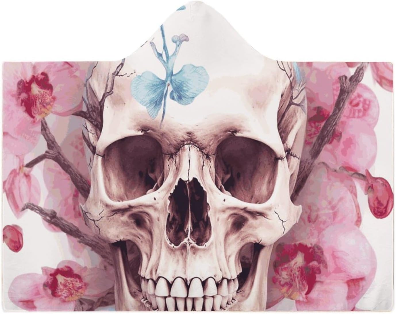 Human Skull Pink Flowers Wearable Blanket Hoodie for Women Men Oversized Soft Fleece Blanket Sweatshirt Cozy Poncho-