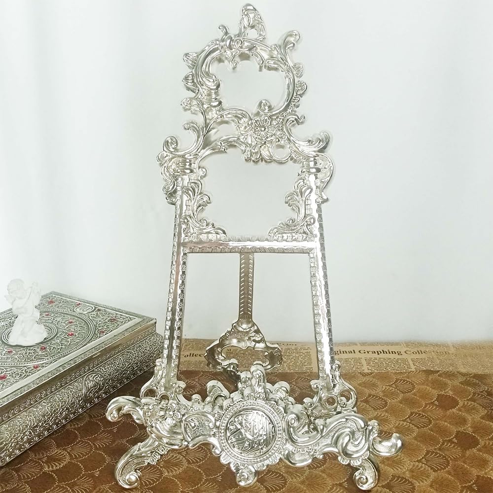 Metal Display Stand Holder for Cookbooks, Plates, Picture Frames, Vintage Ornamental Recipe Easel, Tabletop Decor for Kitchen, Bible, Books, Platters, Silver