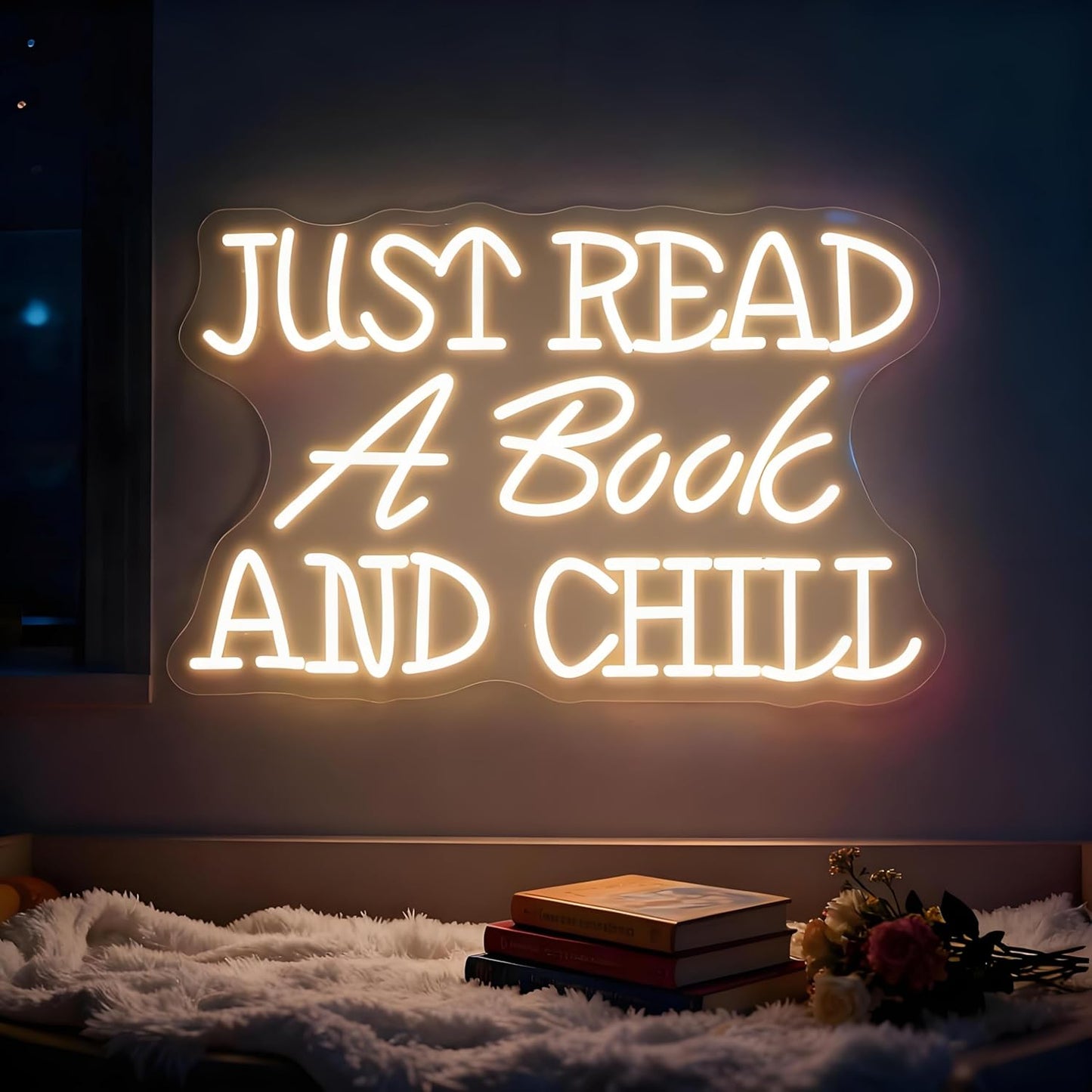 Just Read a Book and Chill White LED Neon Sign - Dimmable USB Wall Art 16.5x10.6 Inches - Reading Room Decor, Study Corner Lighting, Bookstore Cafe Ambiance