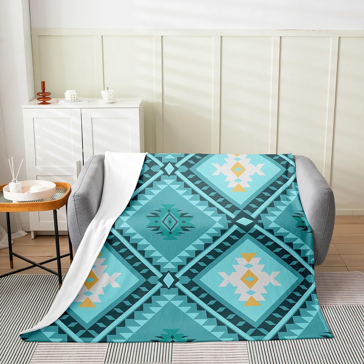 Erosebridal Western Boho Aztec Fleece Blanket Queen 90"x90" Turquoise Rustic Farmhouse Flannel Blanket Southwestern Fuzzy Plush Throw for Kids Boys Girls,Bohemian Geometric Decor for Bed Couch